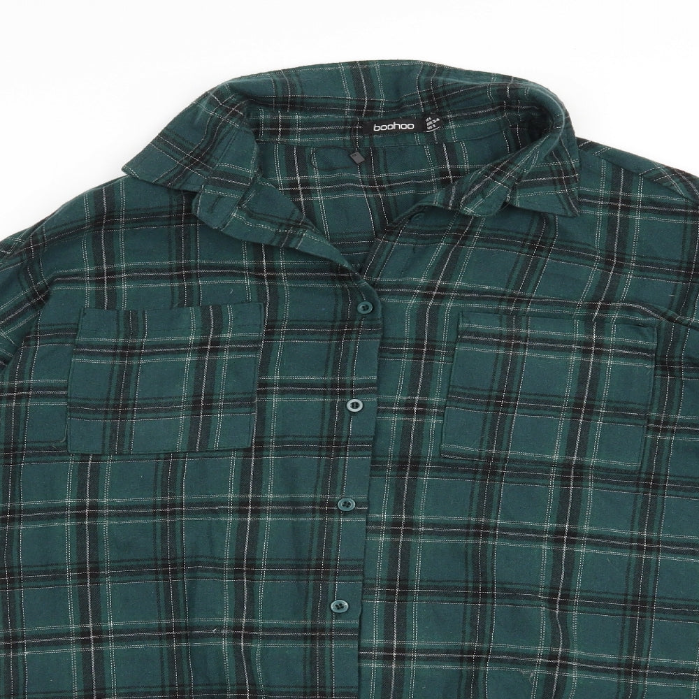 Boohoo Womens Green Plaid Cotton Tunic Button-Up Size 6 Collared