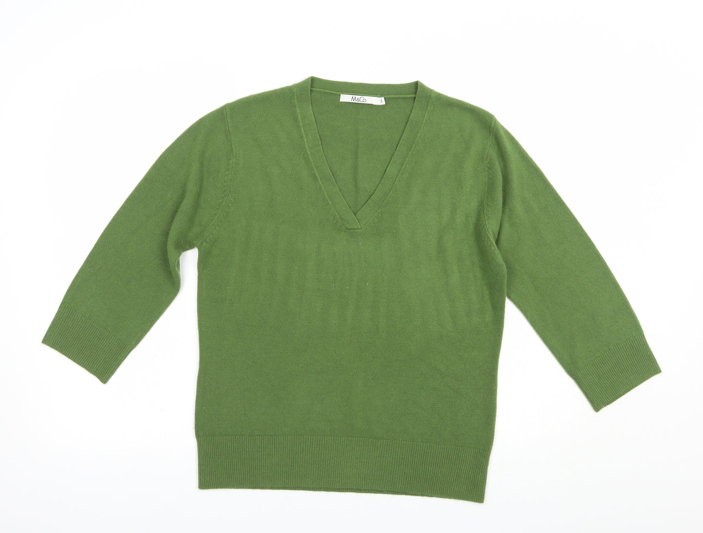 M&Co Womens Green V-Neck  Acrylic Pullover Jumper Size L