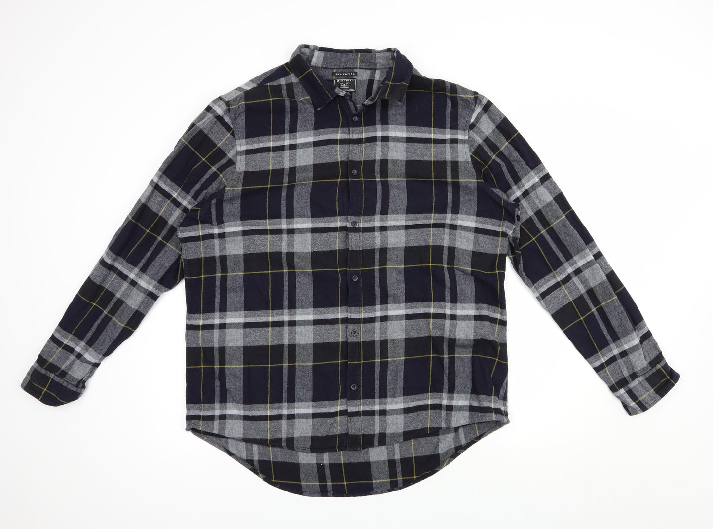 F&F Mens Blue Plaid Cotton  Button-Up Size XL Collared Button