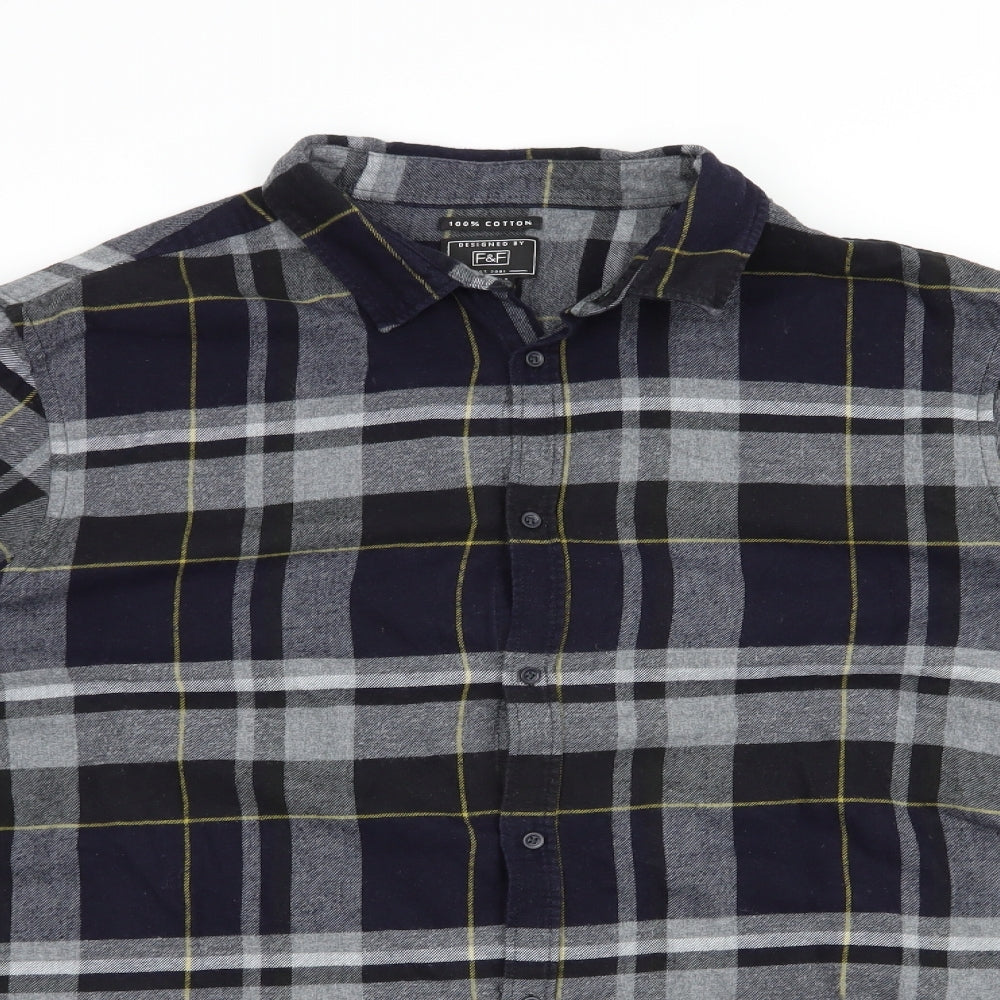 F&F Mens Blue Plaid Cotton  Button-Up Size XL Collared Button
