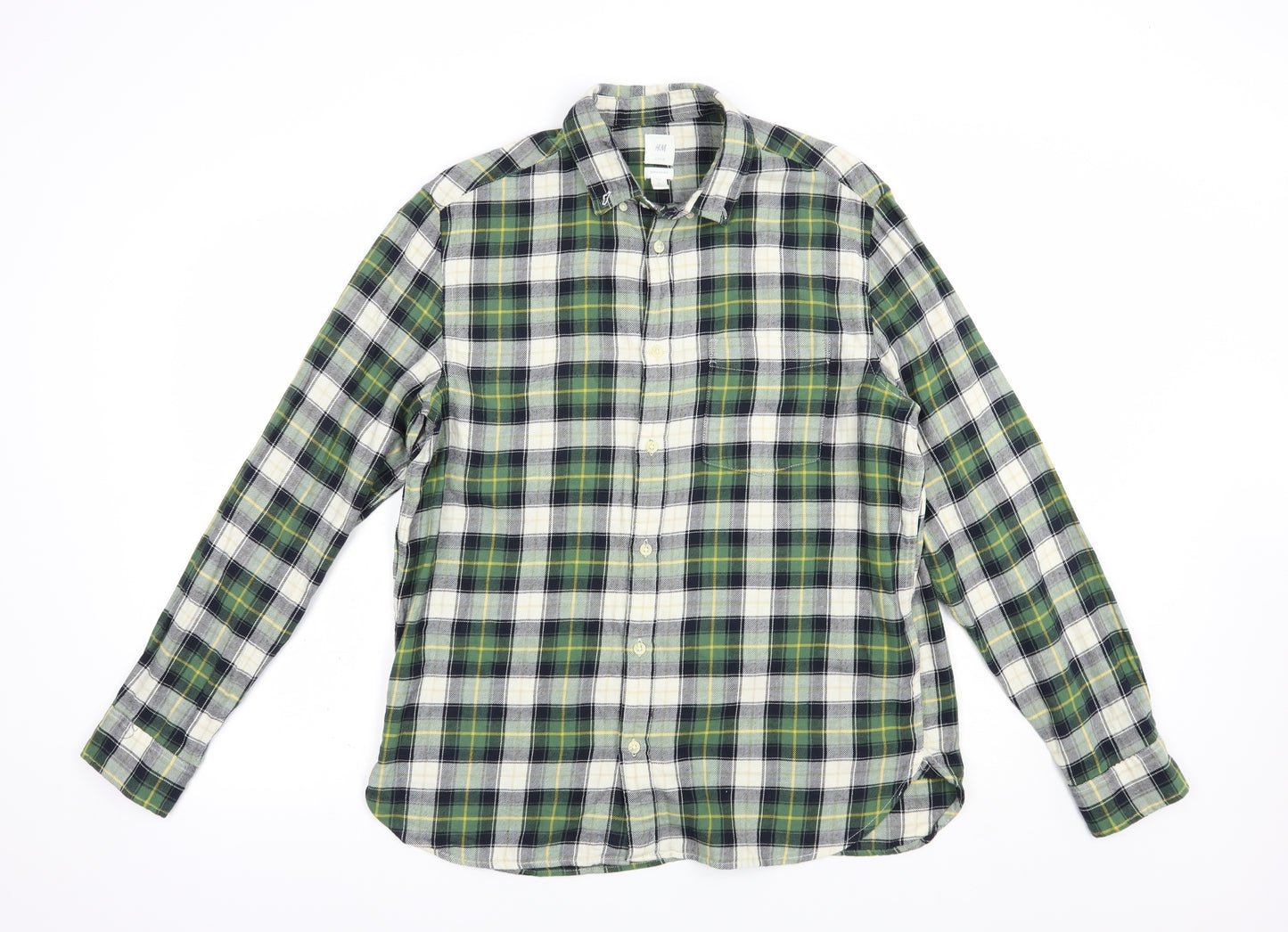 H&M Mens Green Plaid Cotton  Button-Up Size L Collared Button