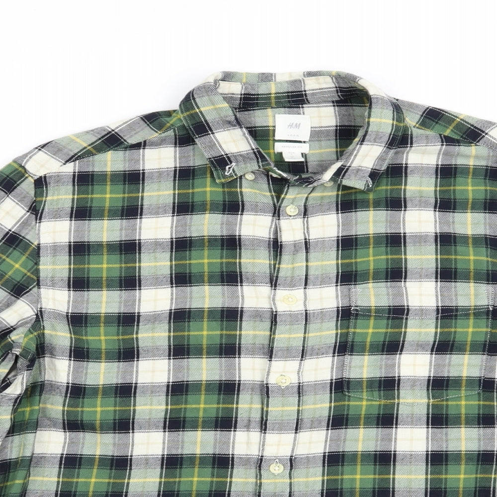 H&M Mens Green Plaid Cotton  Button-Up Size L Collared Button