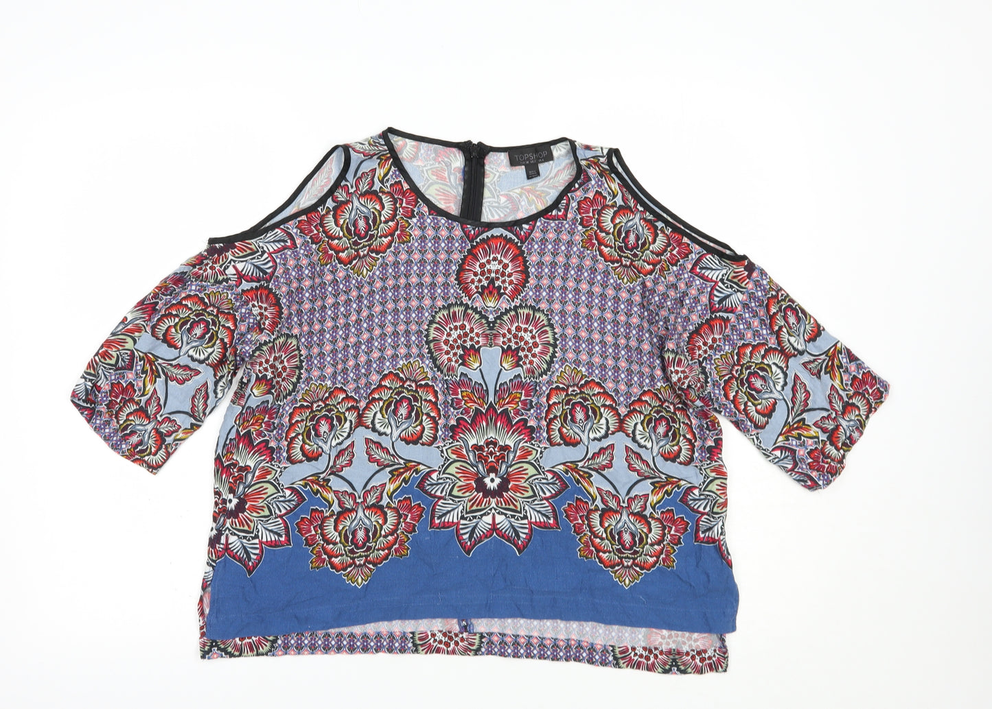 Topshop Womens Blue Floral Viscose Basic Blouse Size 6 Scoop Neck - Cold Shoulder