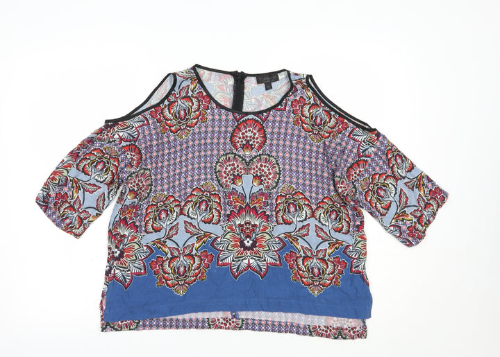 Topshop Womens Blue Floral Viscose Basic Blouse Size 6 Scoop Neck - Cold Shoulder