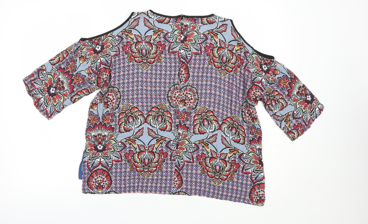 Topshop Womens Blue Floral Viscose Basic Blouse Size 6 Scoop Neck - Cold Shoulder