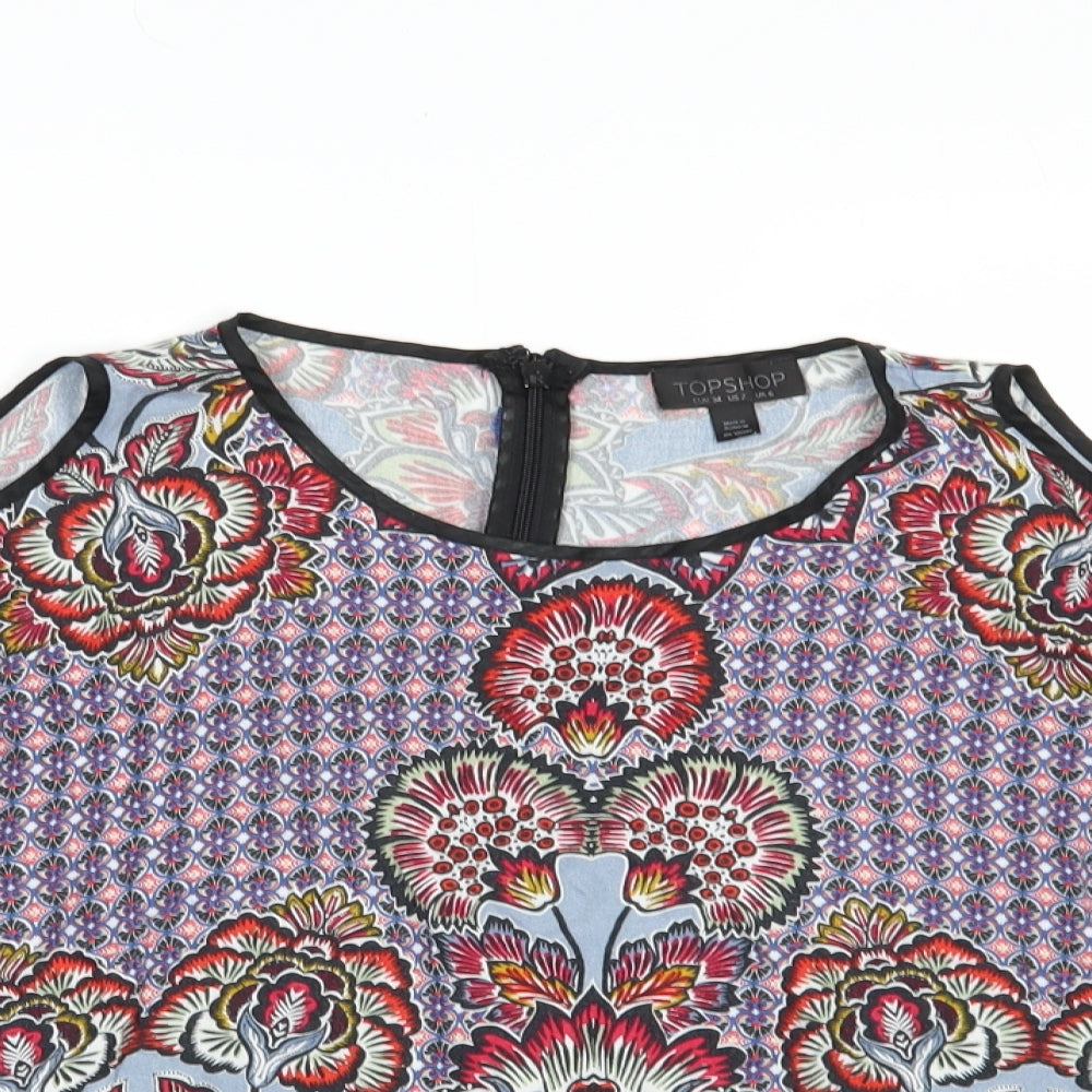 Topshop Womens Blue Floral Viscose Basic Blouse Size 6 Scoop Neck - Cold Shoulder