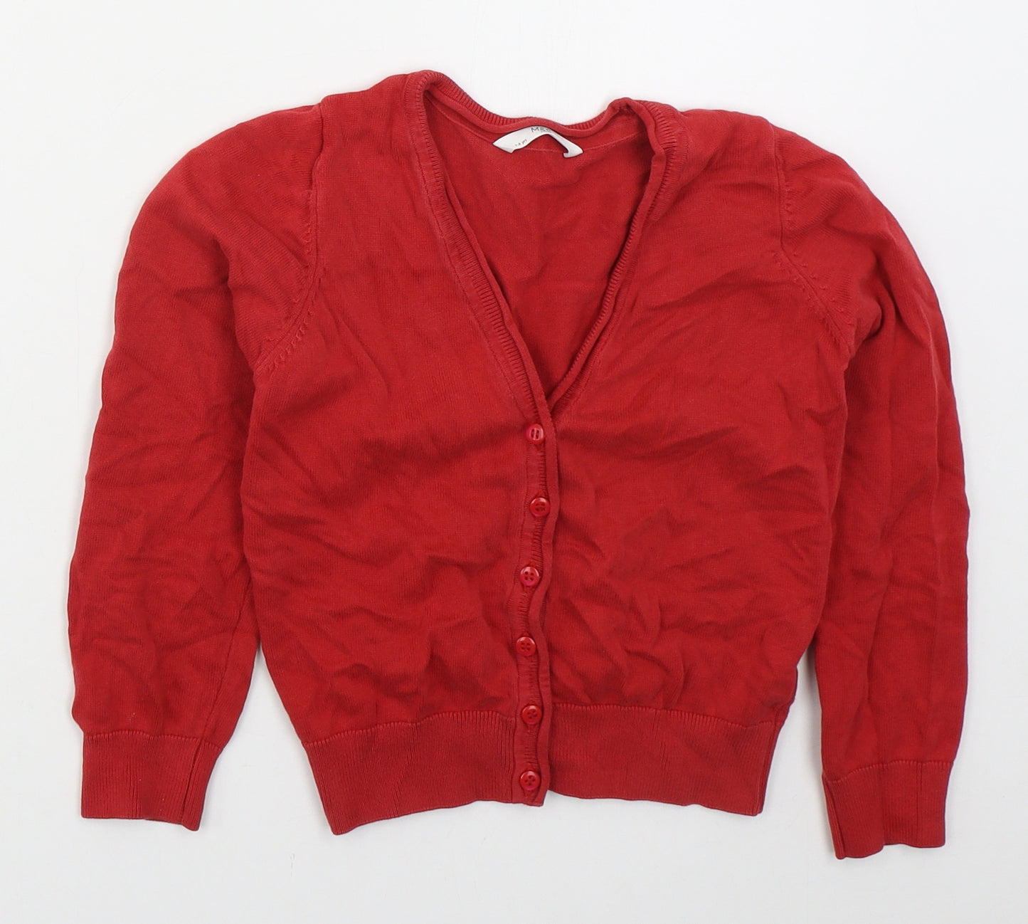 Marks and Spencer Girls Red V-Neck  Cotton Cardigan Jumper Size 7-8 Years  Button