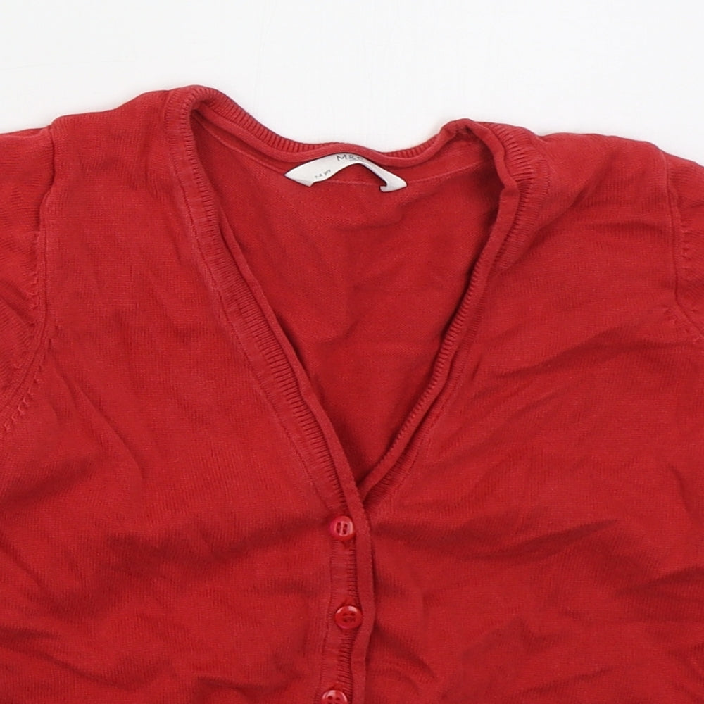 Marks and Spencer Girls Red V-Neck  Cotton Cardigan Jumper Size 7-8 Years  Button