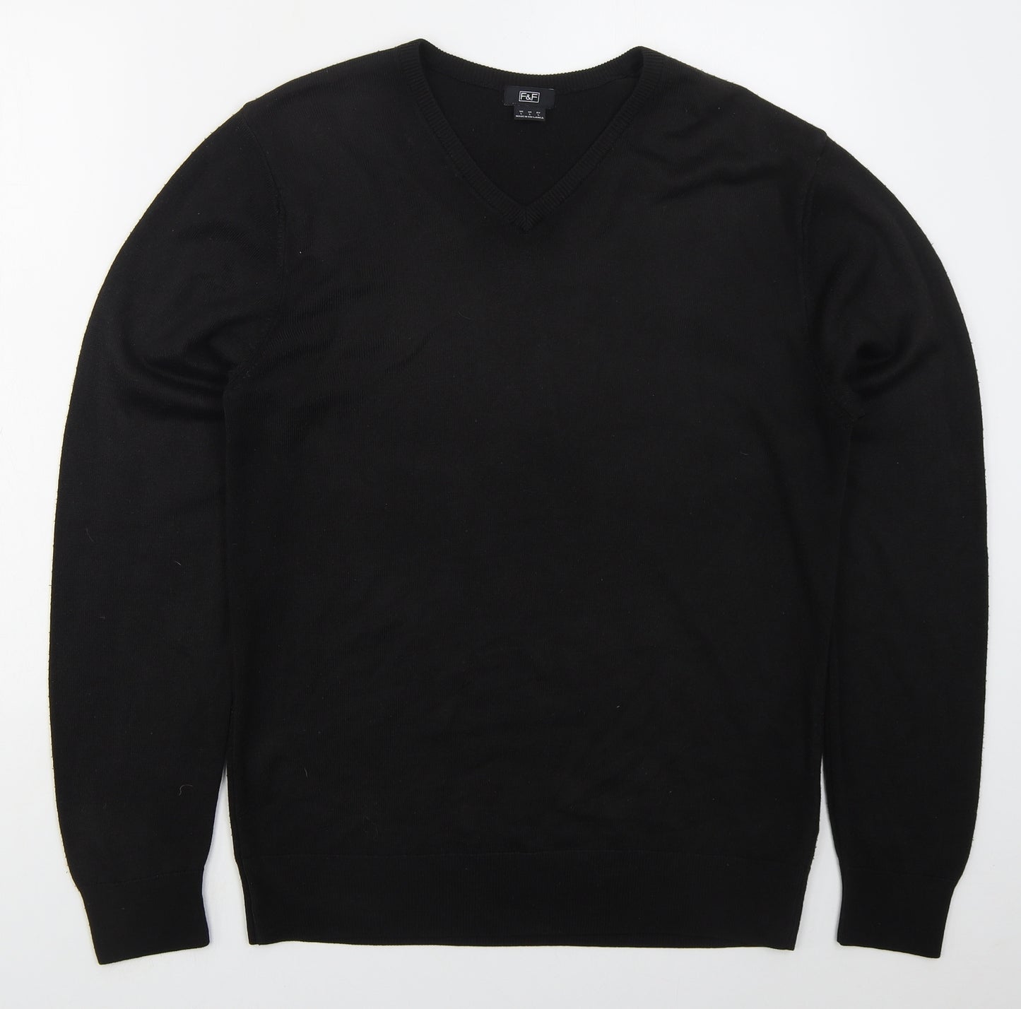 F&F Mens Black V-Neck  Acrylic Pullover Jumper Size L