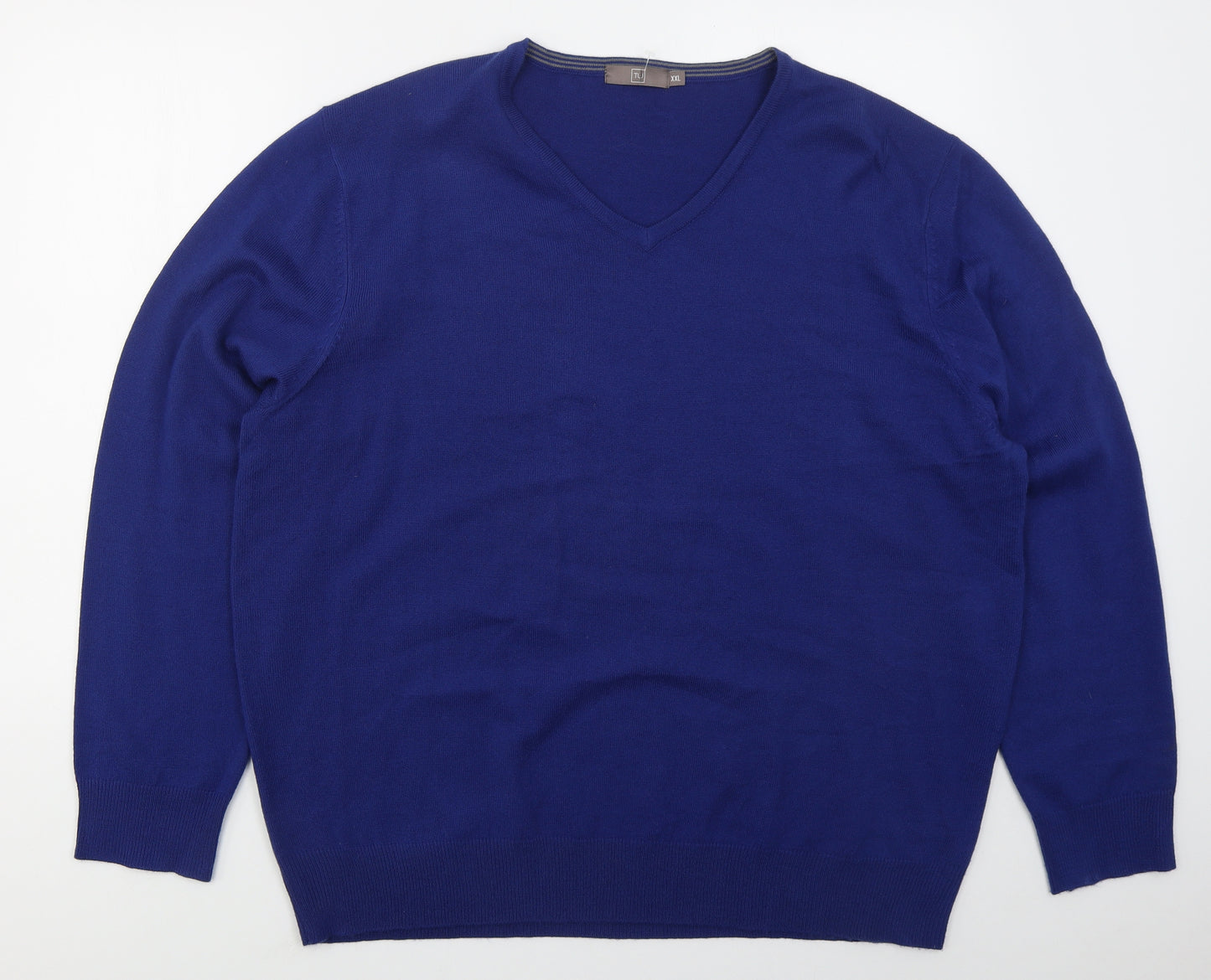TU Mens Blue V-Neck  Acrylic Pullover Jumper Size 2XL