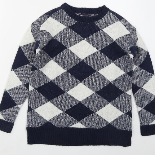 Marks and Spencer Womens Blue Crew Neck Argyle/Diamond Acrylic Pullover Jumper Size S