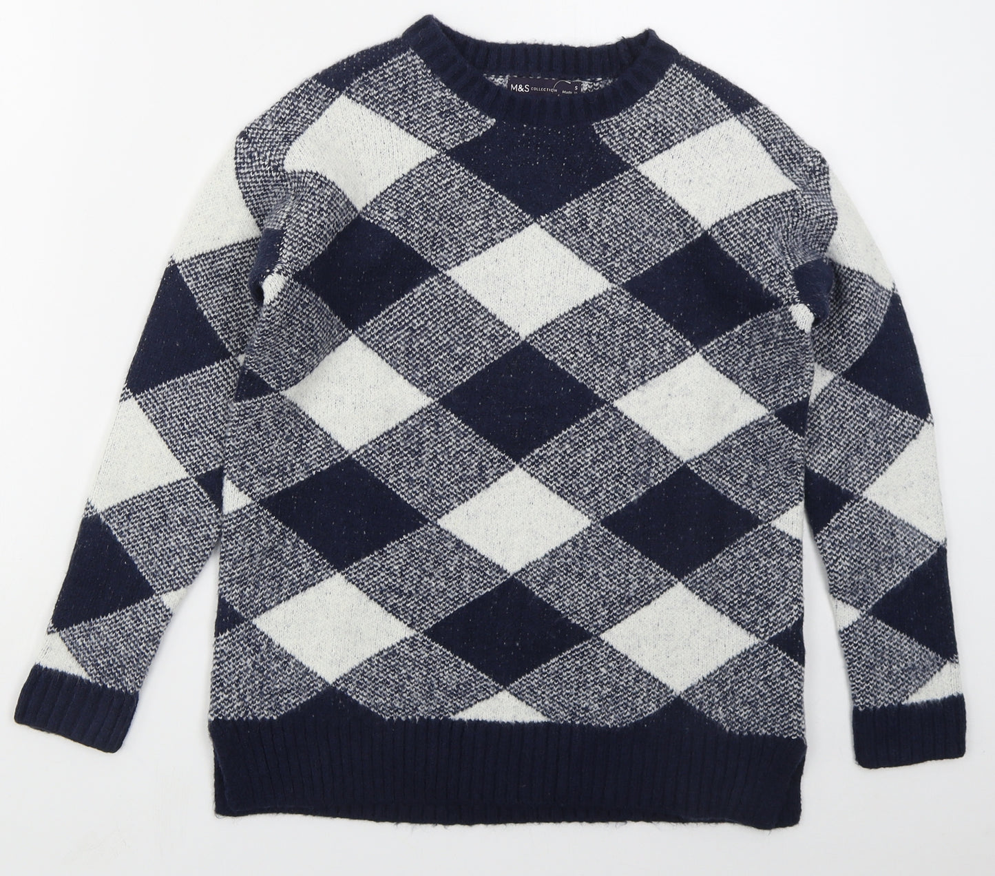 Marks and Spencer Womens Blue Crew Neck Argyle/Diamond Acrylic Pullover Jumper Size S