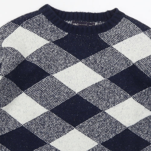 Marks and Spencer Womens Blue Crew Neck Argyle/Diamond Acrylic Pullover Jumper Size S