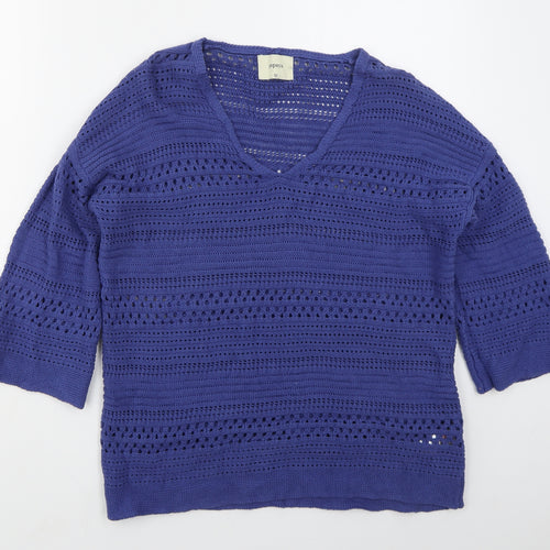 Papaya Womens Blue V-Neck  Cotton Pullover Jumper Size M