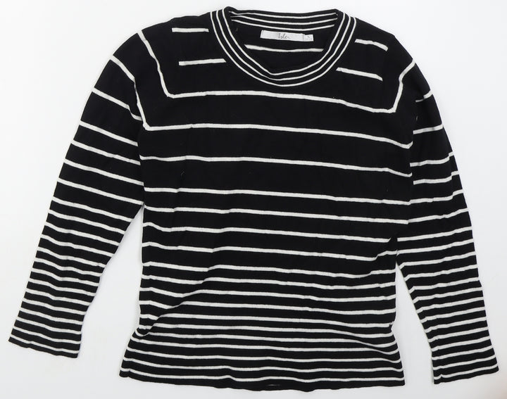Isle Womens Black Crew Neck Striped Acrylic Pullover Jumper Size 10