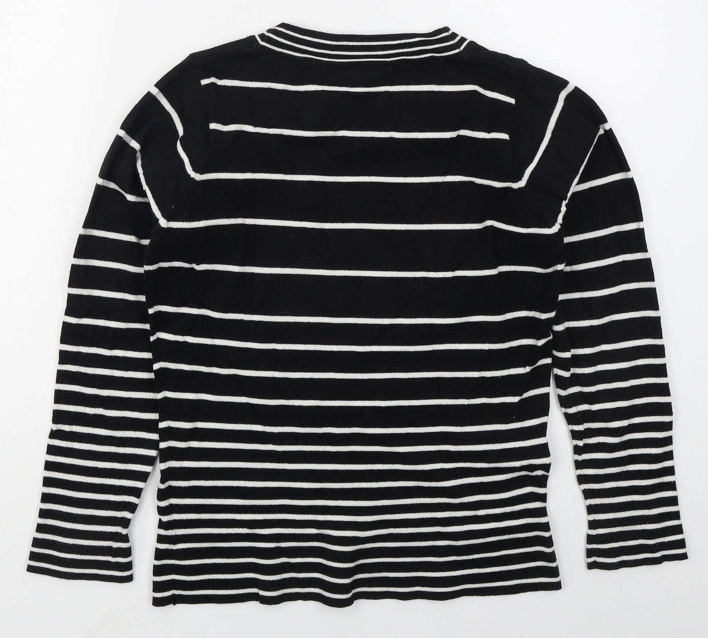 Isle Womens Black Crew Neck Striped Acrylic Pullover Jumper Size 10