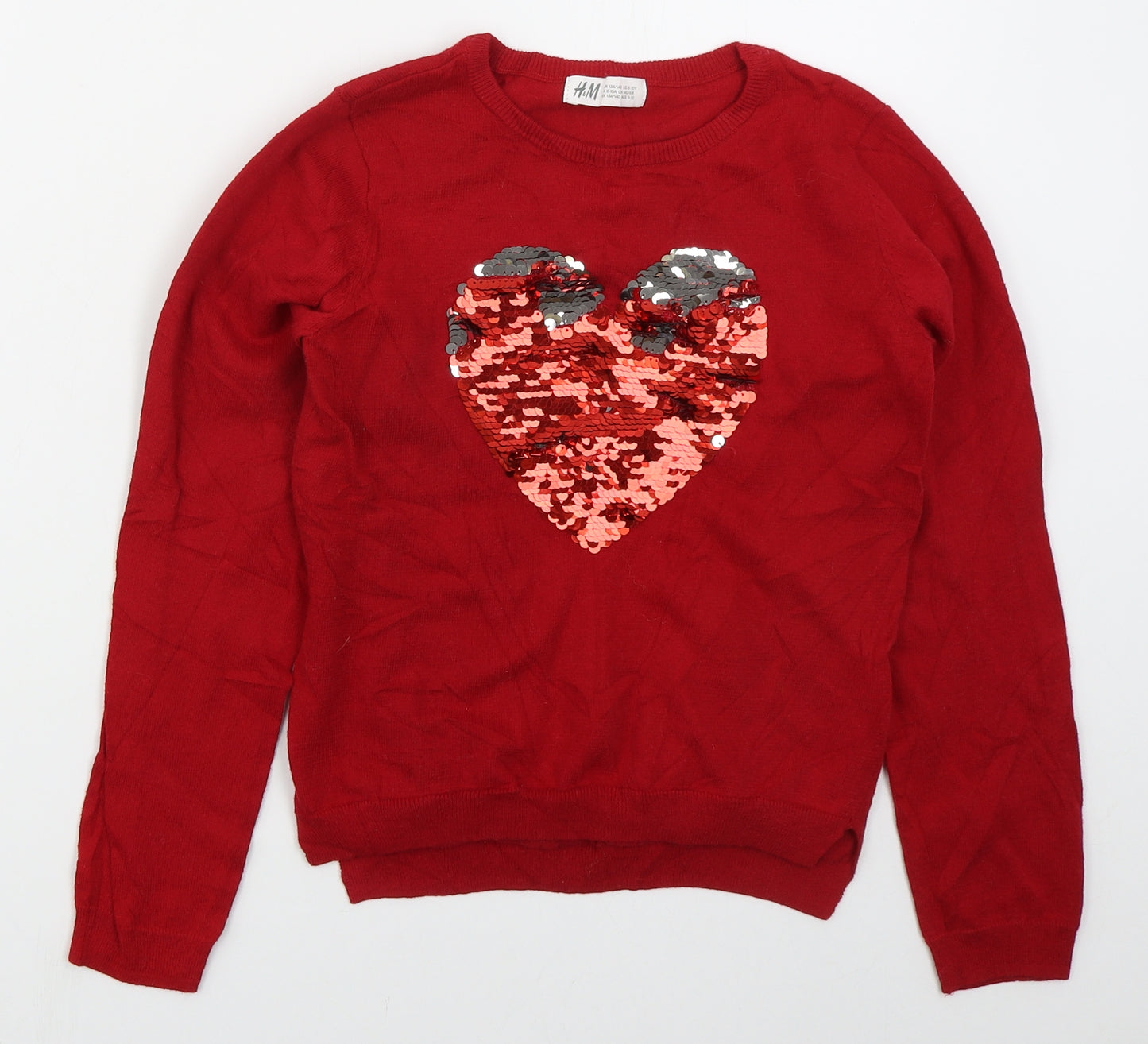 H&M Girls Red Crew Neck  Cotton Pullover Jumper Size 9-10 Years  Pullover - Heart