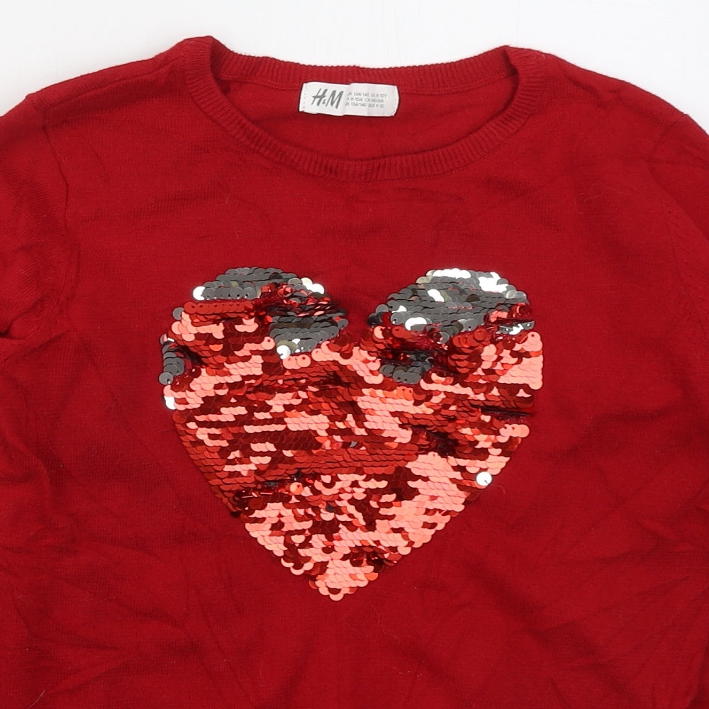 H&M Girls Red Crew Neck  Cotton Pullover Jumper Size 9-10 Years  Pullover - Heart