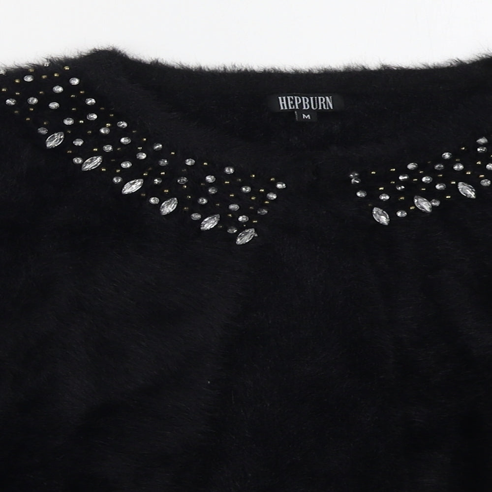 Hepburn Womens Black Round Neck  Nylon Cardigan Jumper Size M