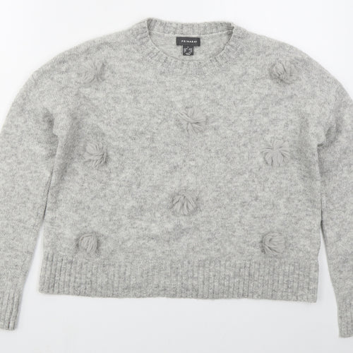 Primark Womens Grey Crew Neck  Acrylic Pullover Jumper Size 10   - Pom Pom