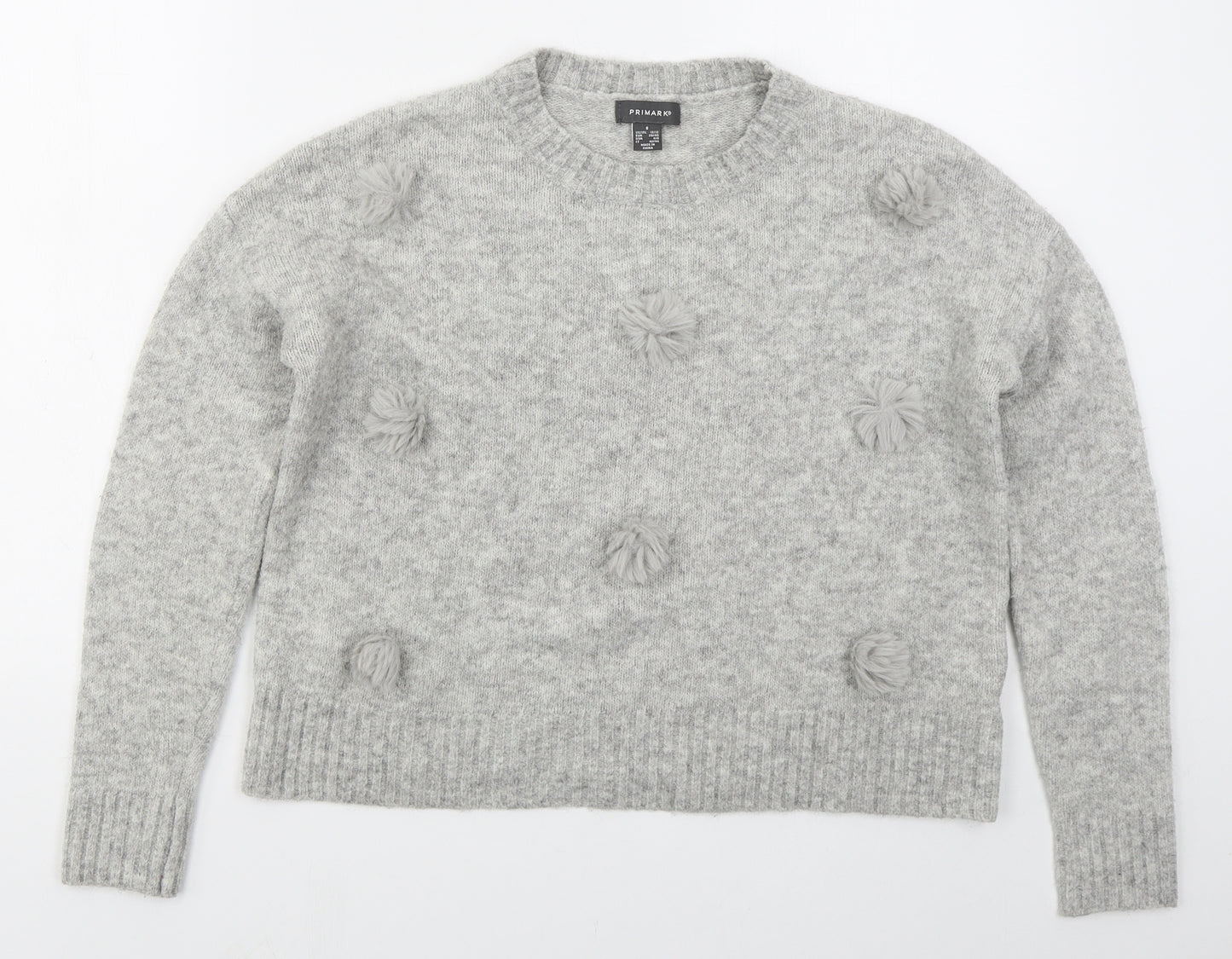 Primark Womens Grey Crew Neck  Acrylic Pullover Jumper Size 10   - Pom Pom