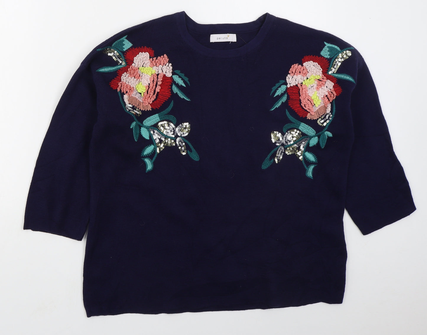 Marks and Spencer Womens Blue Crew Neck Floral Cotton Pullover Jumper Size 16