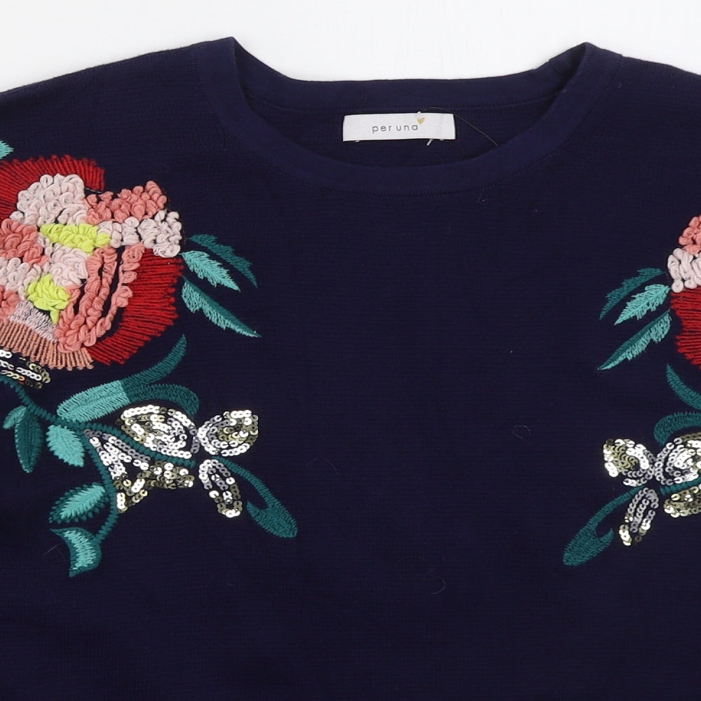 Marks and Spencer Womens Blue Crew Neck Floral Cotton Pullover Jumper Size 16