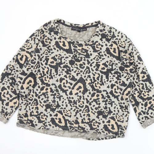 Topshop Womens Grey Animal Print Cotton Jersey T-Shirt Size 10 Round Neck