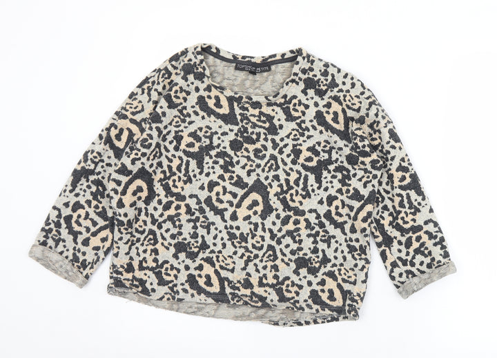 Topshop Womens Grey Animal Print Cotton Jersey T-Shirt Size 10 Round Neck