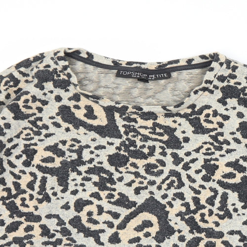 Topshop Womens Grey Animal Print Cotton Jersey T-Shirt Size 10 Round Neck