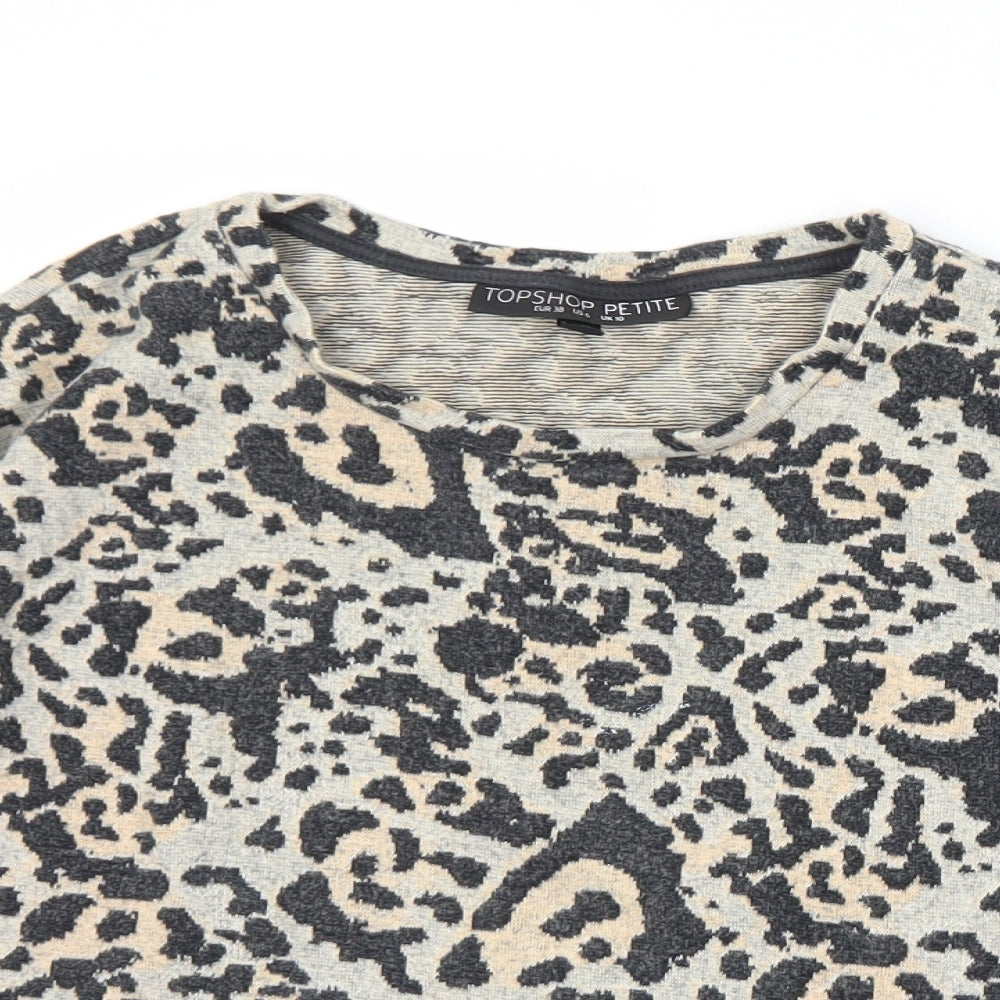 Topshop Womens Grey Animal Print Cotton Jersey T-Shirt Size 10 Round Neck