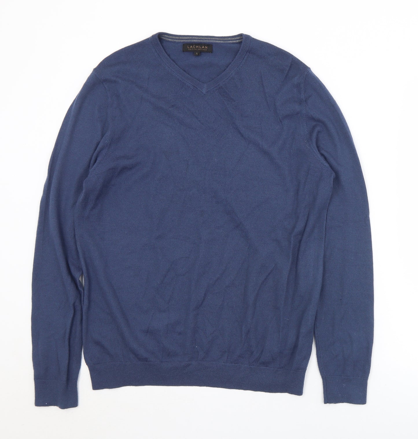 Lachlan Mens Blue V-Neck  Acrylic Pullover Jumper Size L