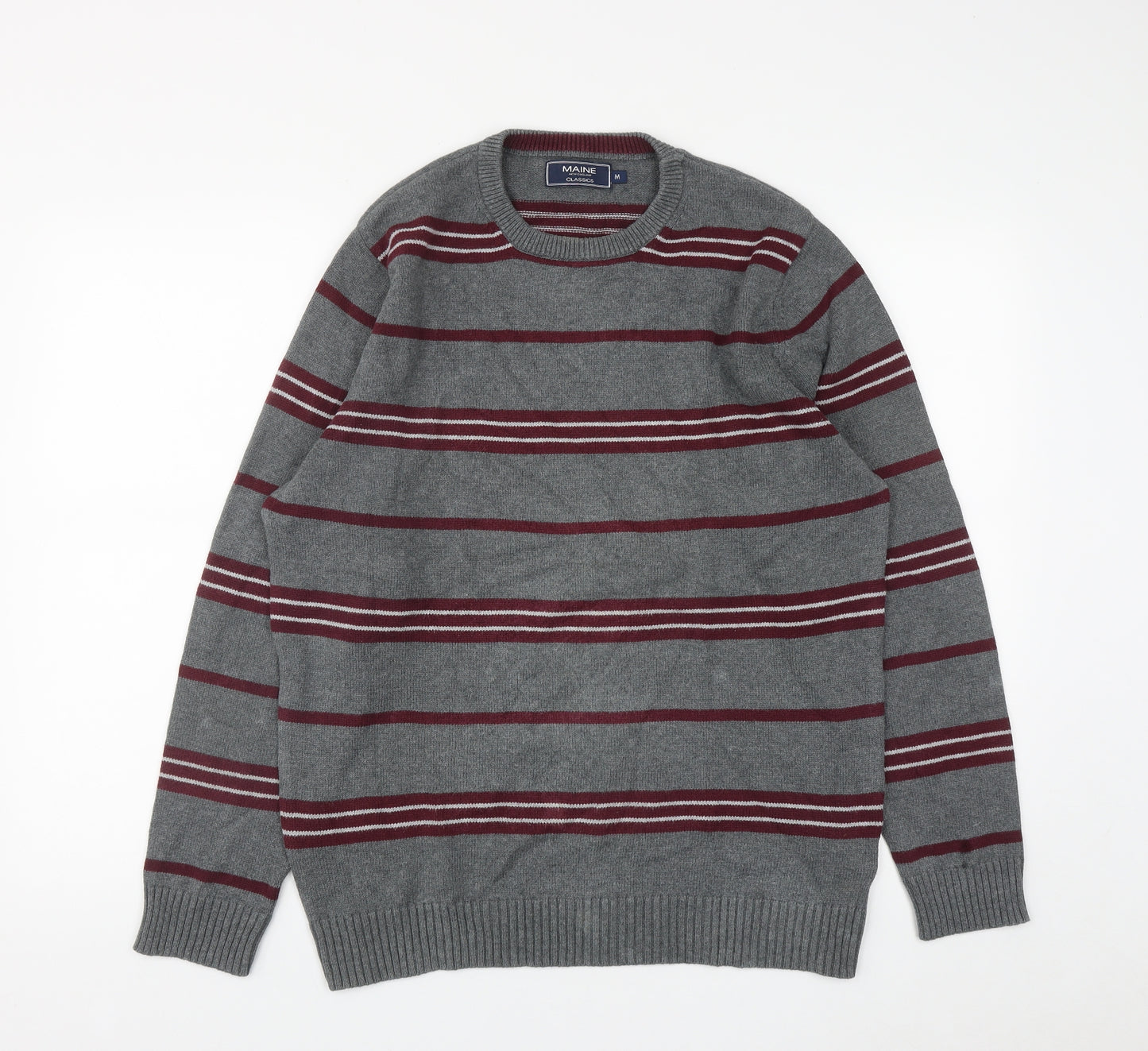Debenhams Mens Grey Round Neck Striped Cotton Pullover Jumper Size M