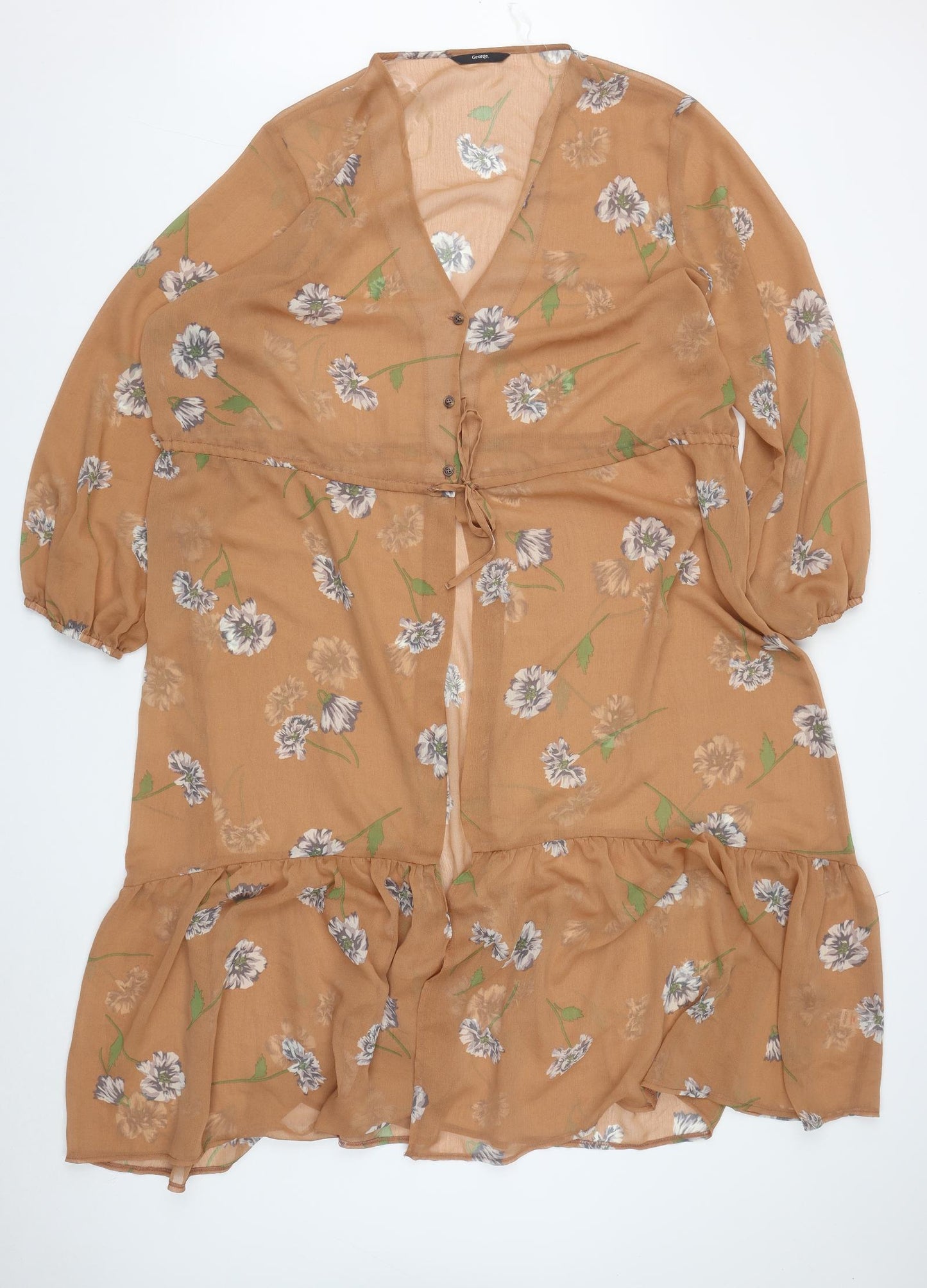 George Womens Brown Floral Polyester Basic Button-Up Size 24 V-Neck