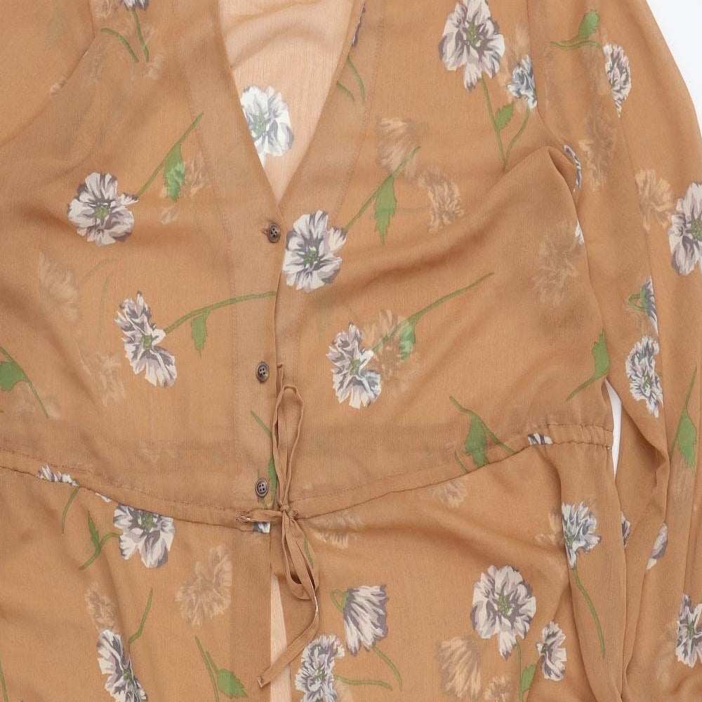 George Womens Brown Floral Polyester Basic Button-Up Size 24 V-Neck