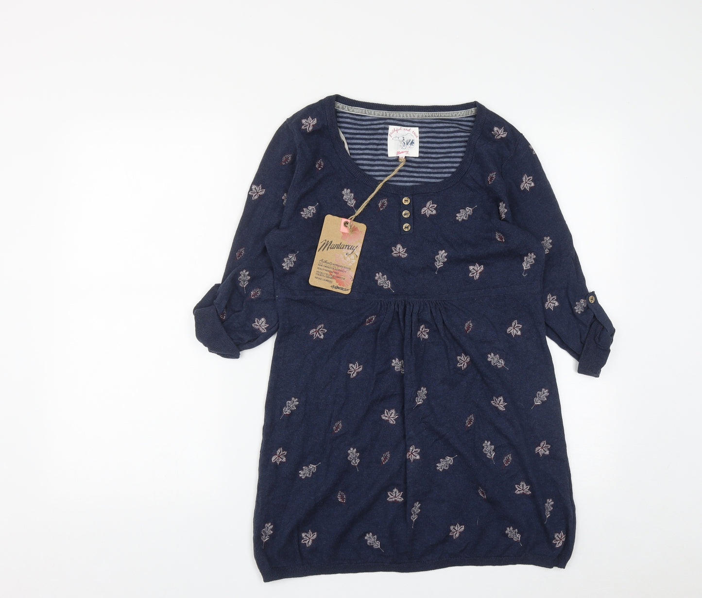 Debenahms Womens Blue Round Neck Geometric Cotton Pullover Jumper Size 14
