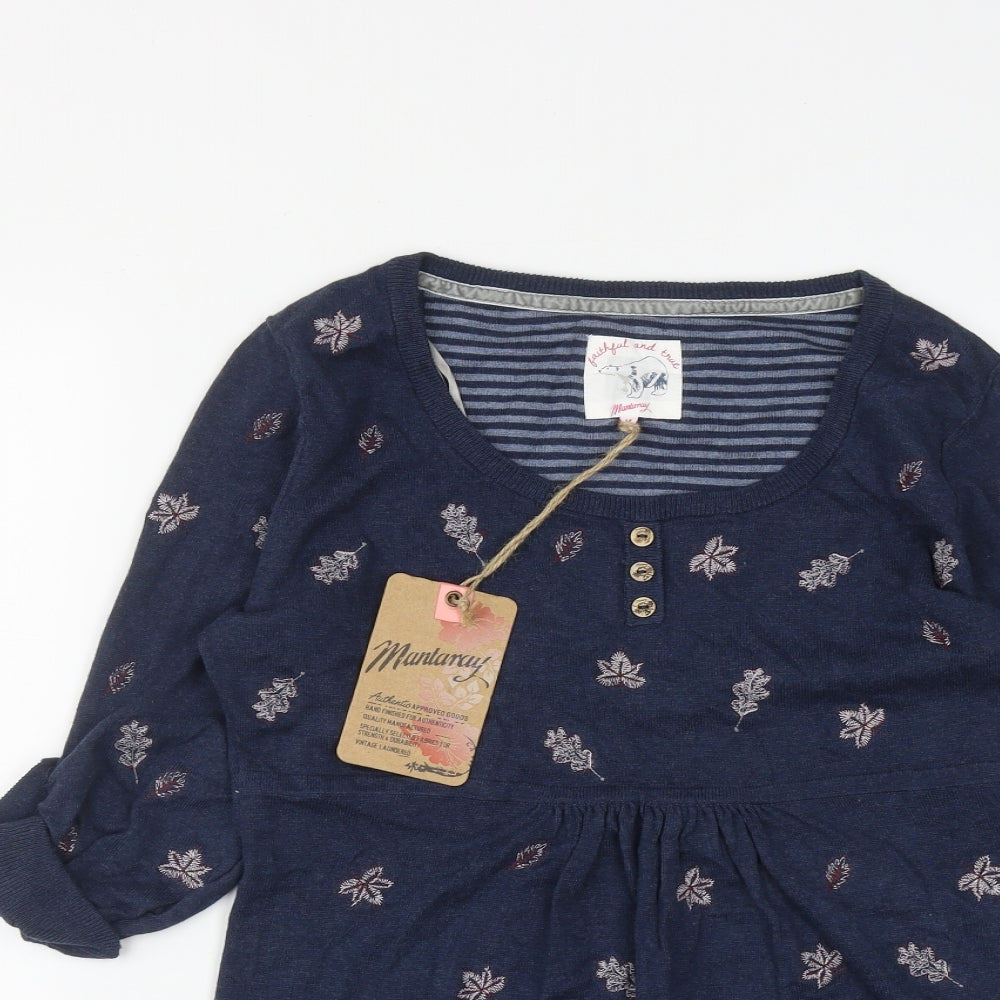 Debenahms Womens Blue Round Neck Geometric Cotton Pullover Jumper Size 14
