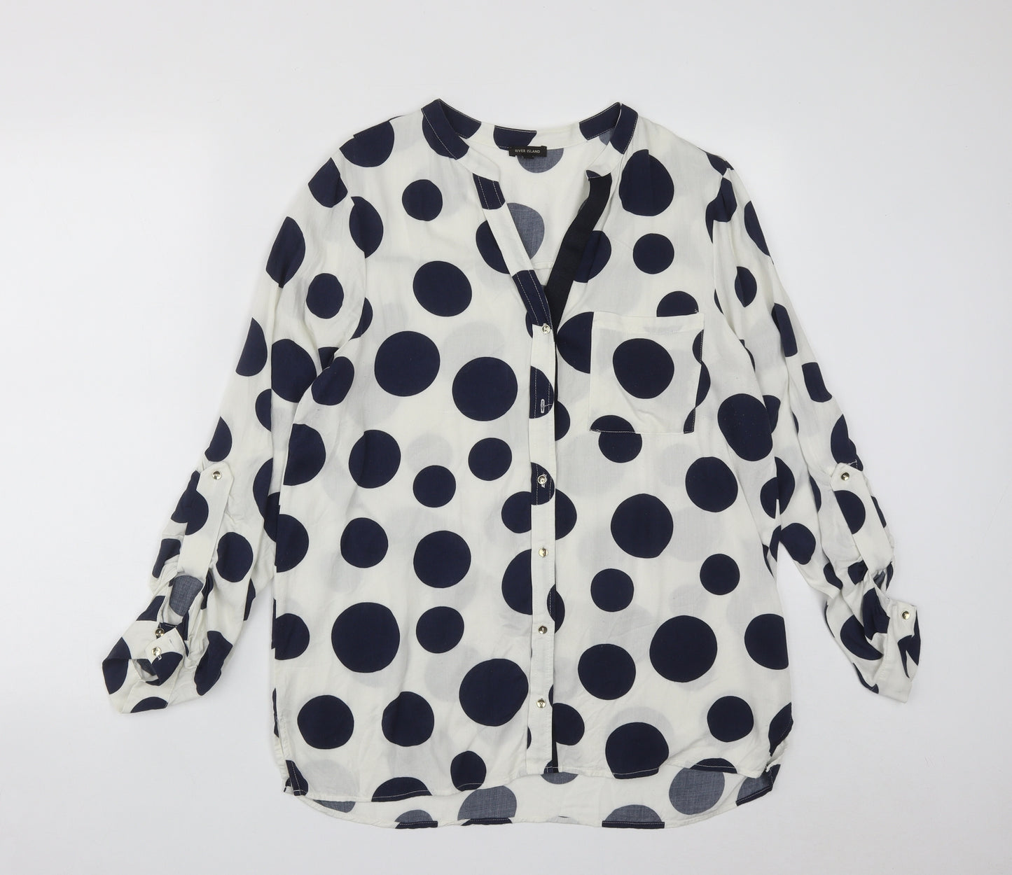 River Island Womens White Polka Dot Viscose Basic Button-Up Size 14 Collared