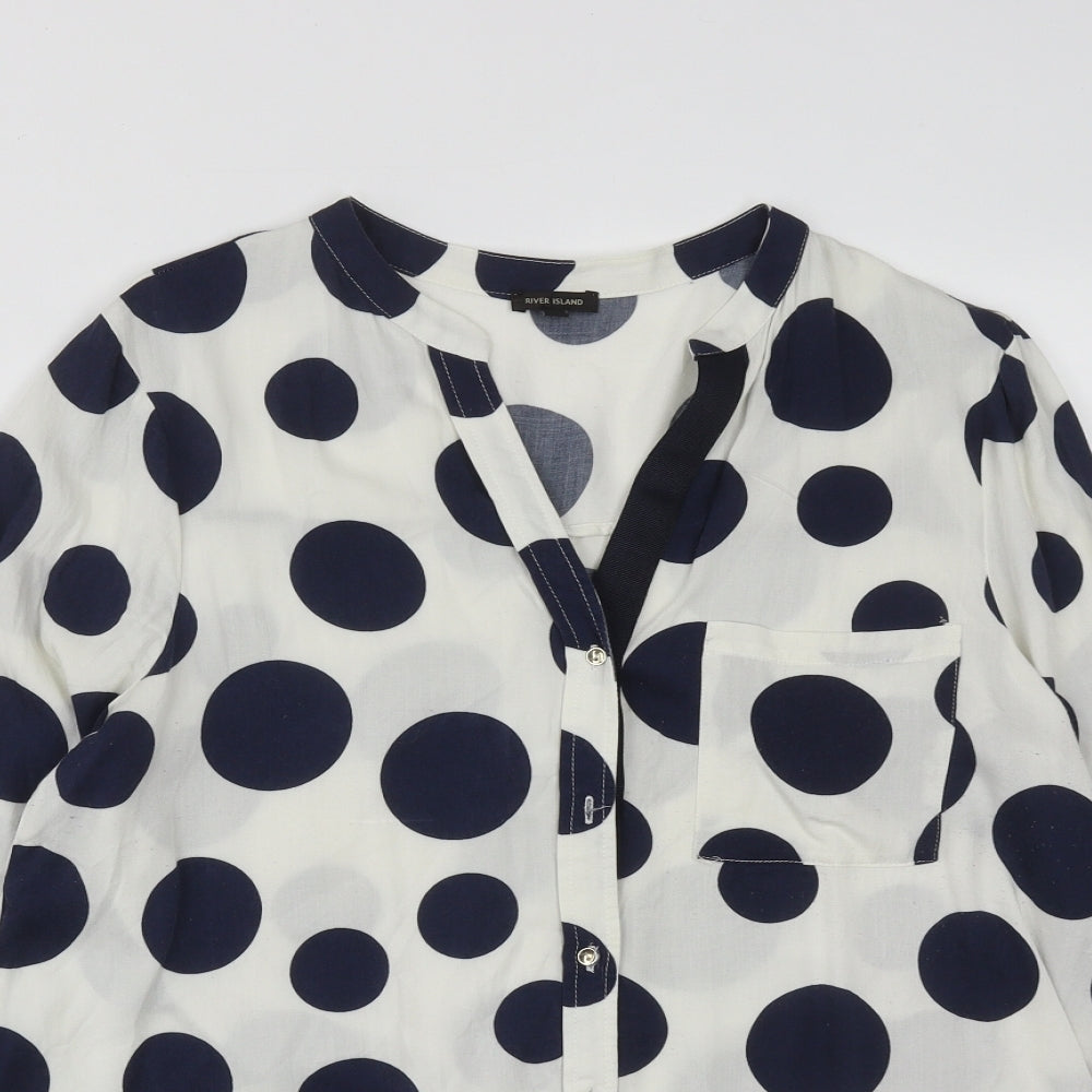 River Island Womens White Polka Dot Viscose Basic Button-Up Size 14 Collared