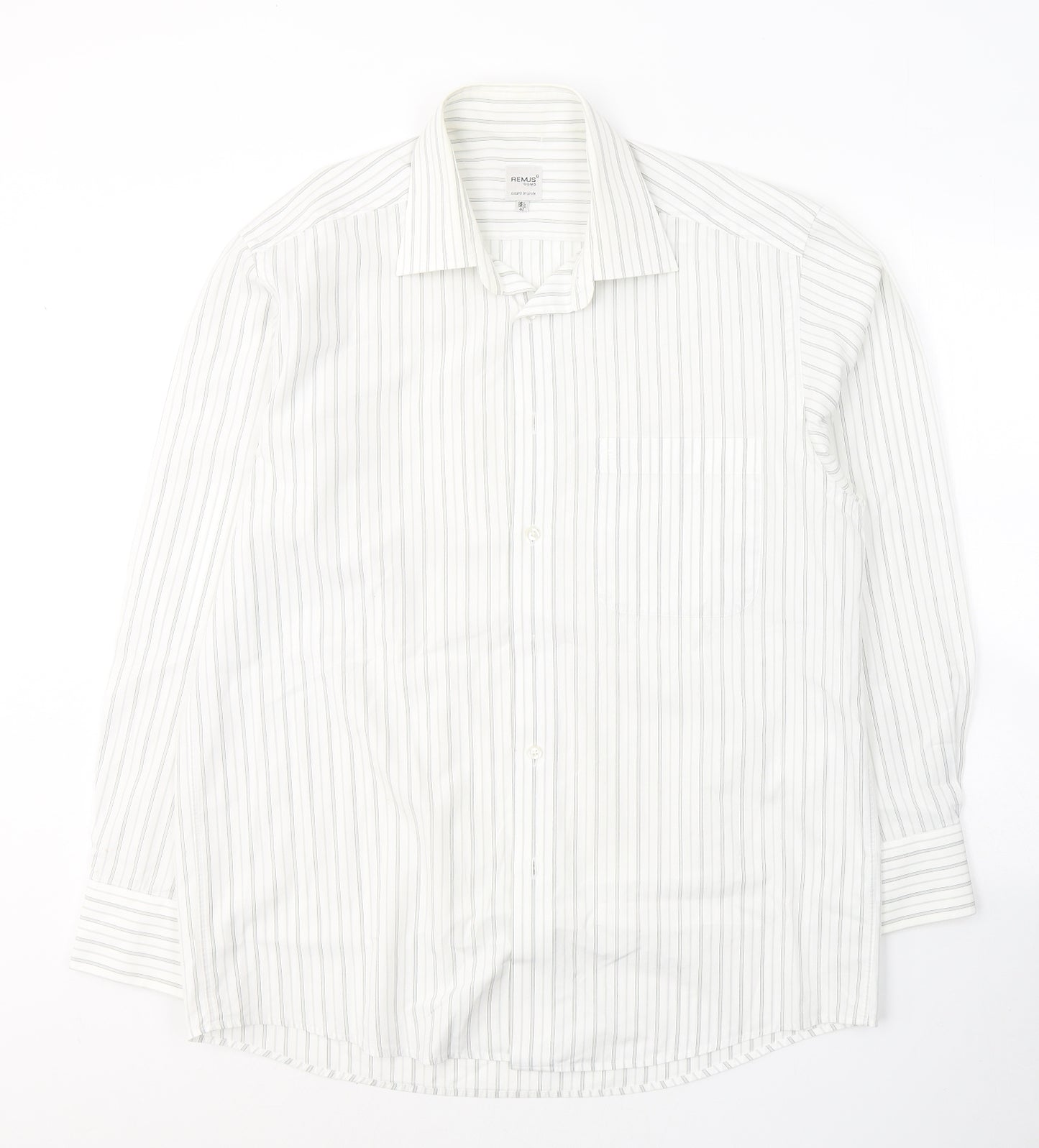 REMUS Mens White Striped Cotton  Button-Up Size 42 Collared Button