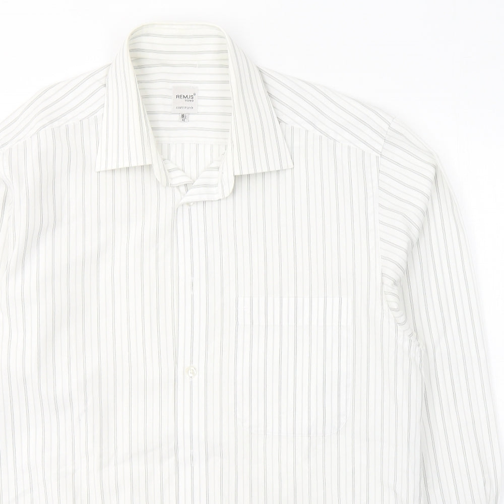REMUS Mens White Striped Cotton  Button-Up Size 42 Collared Button