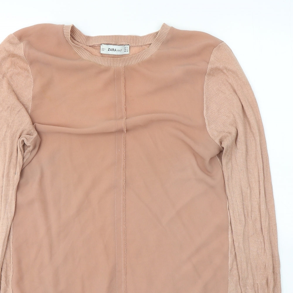 Zara Womens Beige  Polyester Jersey Blouse Size M Round Neck