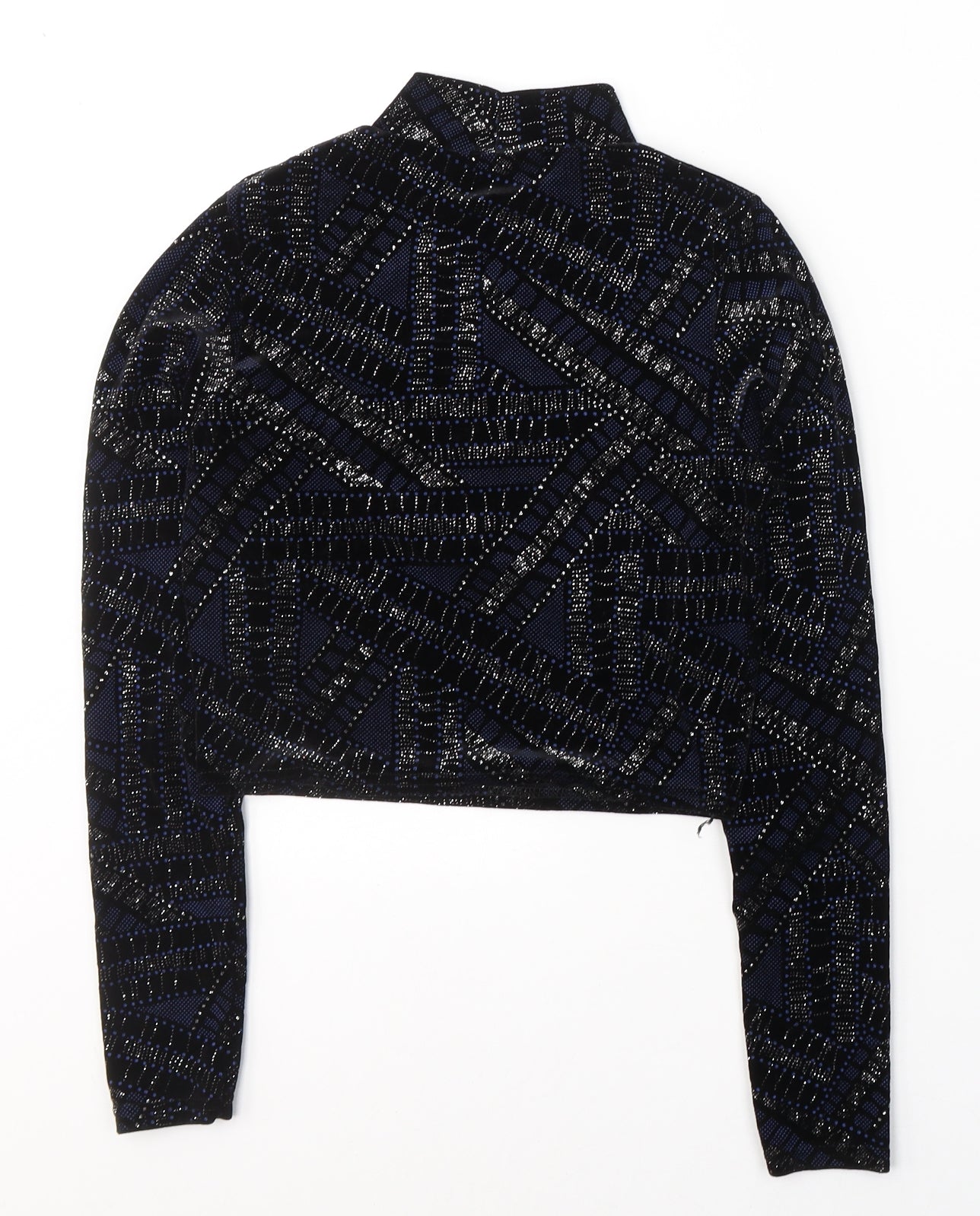 River Island Womens Black Geometric Polyester Cropped Blouse Size 8 High Neck