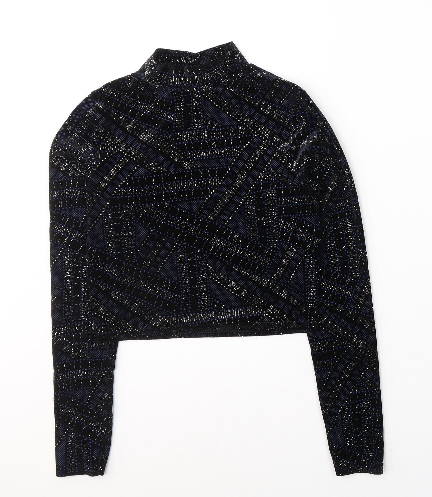 River Island Womens Black Geometric Polyester Cropped Blouse Size 8 High Neck