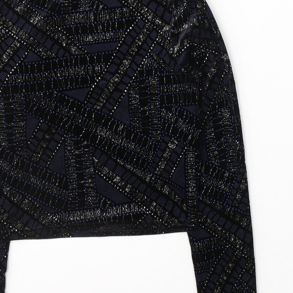 River Island Womens Black Geometric Polyester Cropped Blouse Size 8 High Neck