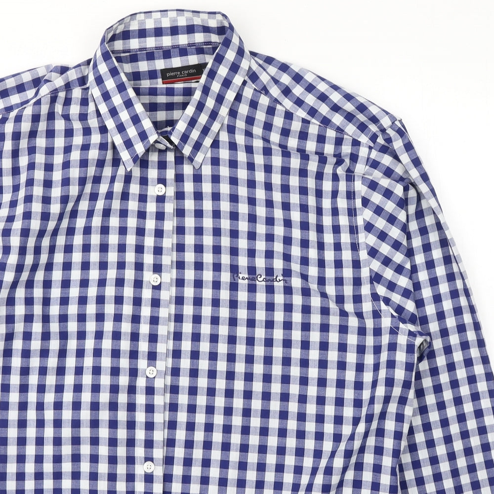 Pierre Cardin Mens Blue Check Cotton  Button-Up Size 2XL Collared Button