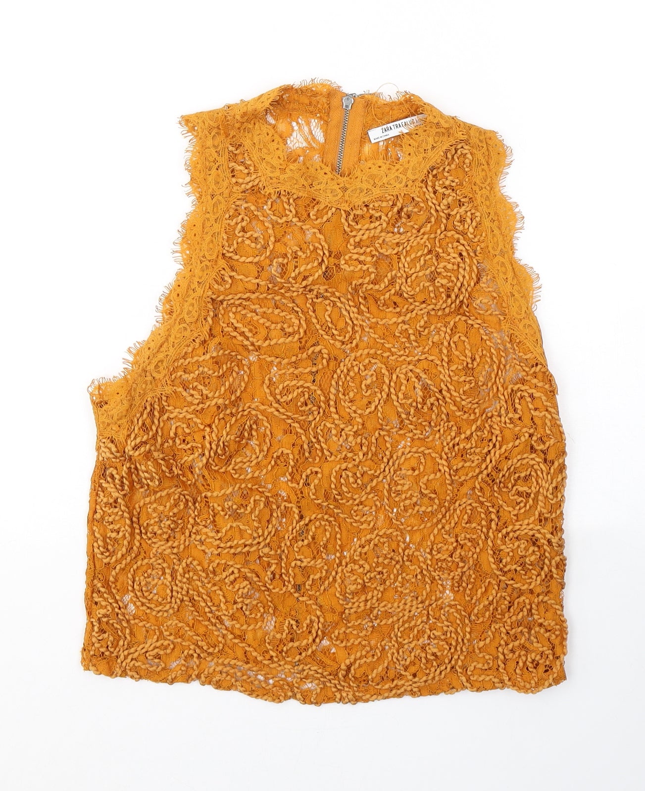 Zara Womens Yellow Geometric Cotton Basic Blouse Size S Round Neck