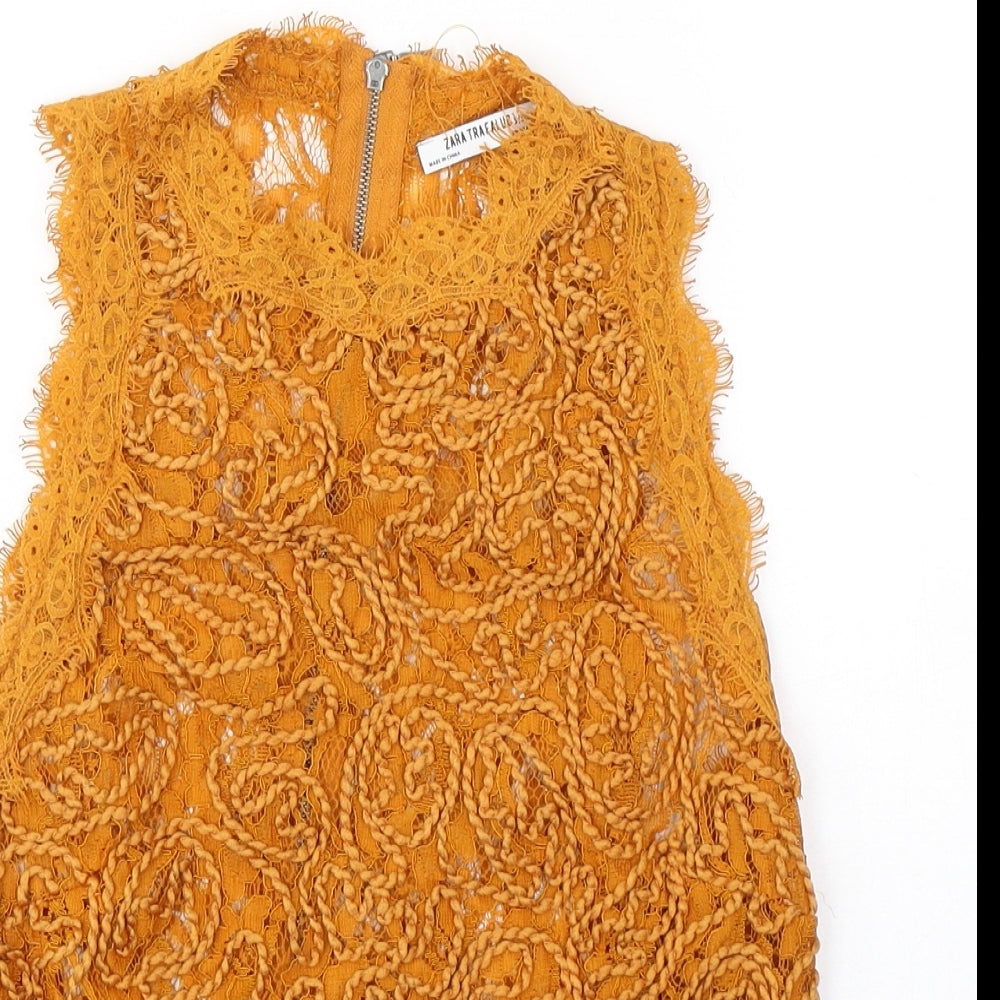 Zara Womens Yellow Geometric Cotton Basic Blouse Size S Round Neck