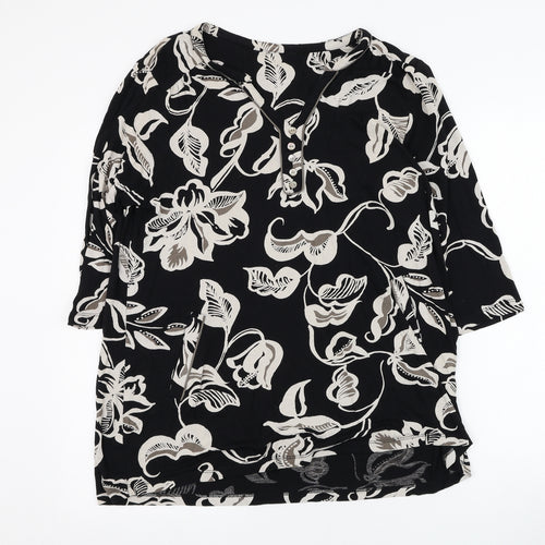 Preworn Womens Black Floral Polyester Basic Blouse Size L V-Neck