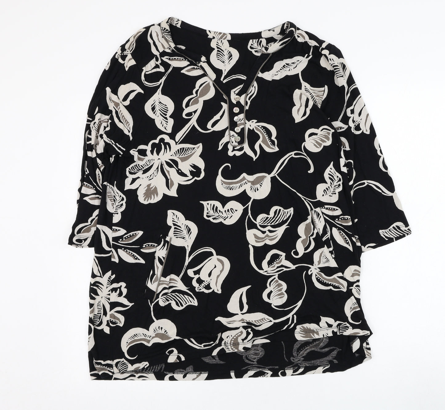 Preworn Womens Black Floral Polyester Basic Blouse Size L V-Neck